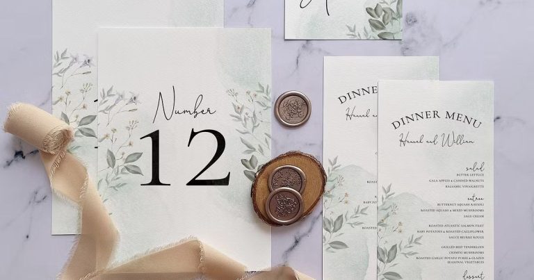 sage green wedding invitation suites with botanical greenery design