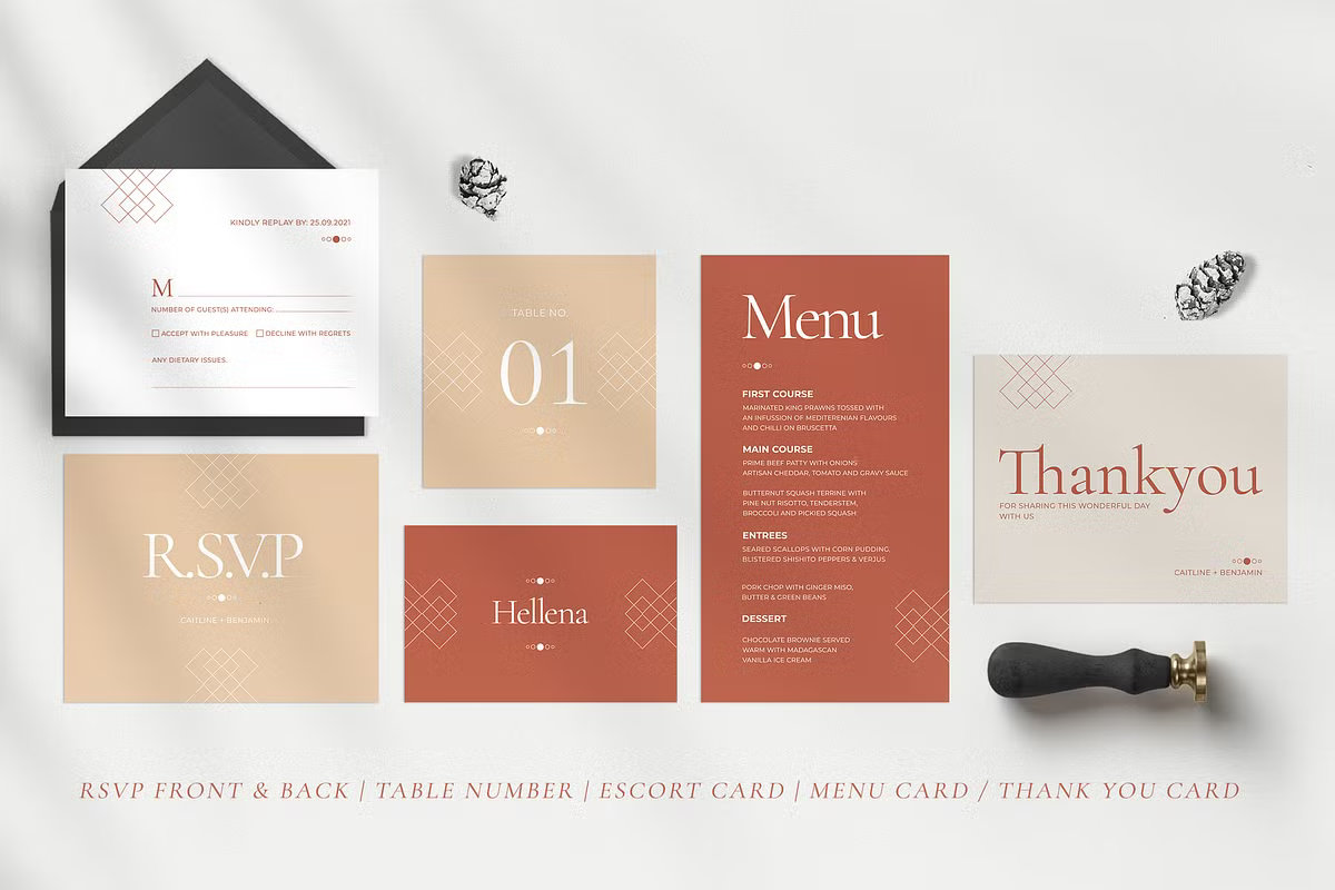 minimal terracotta wedding invitation suite with modern typography