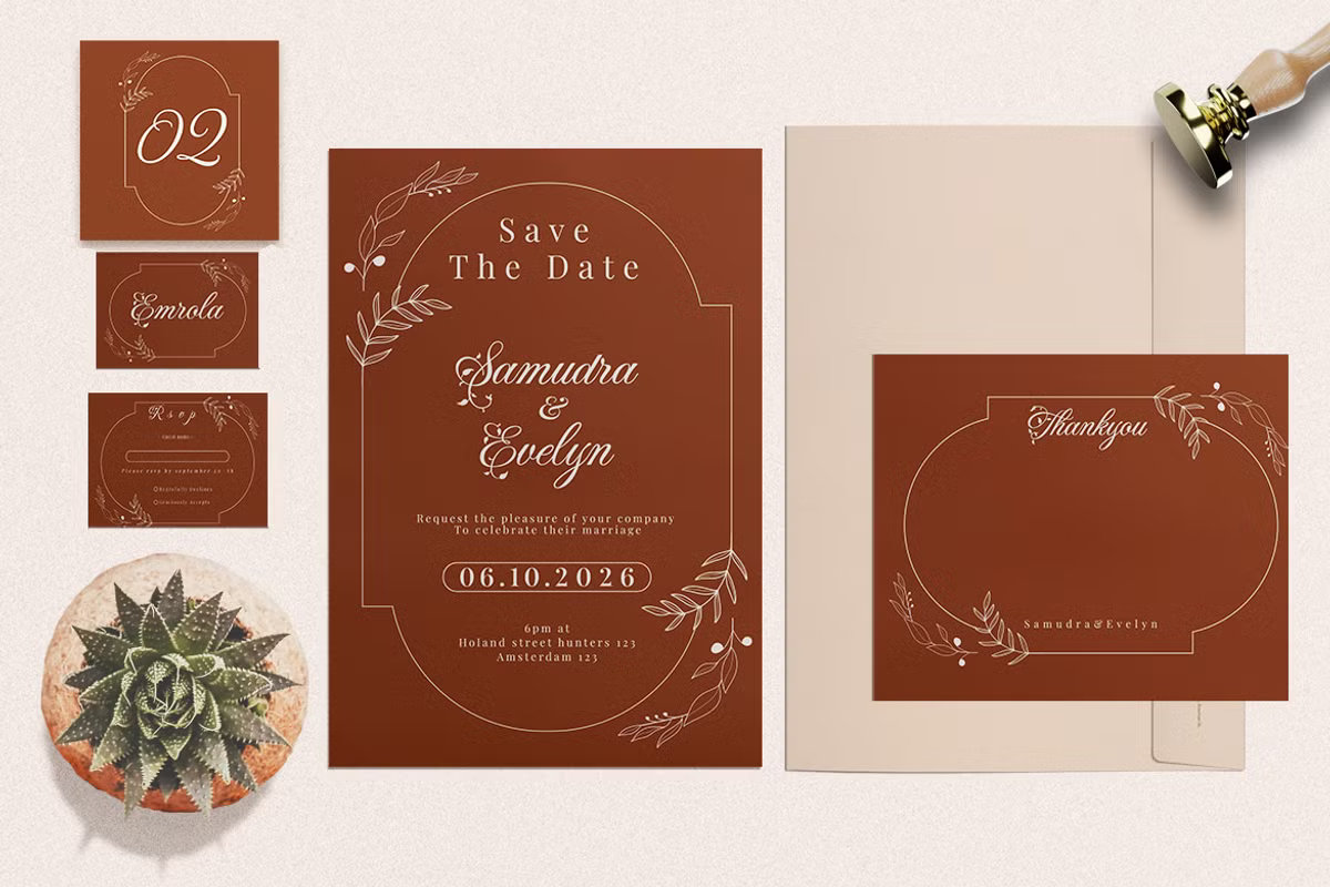 terracotta floral wedding invitation suite with botanical flowers