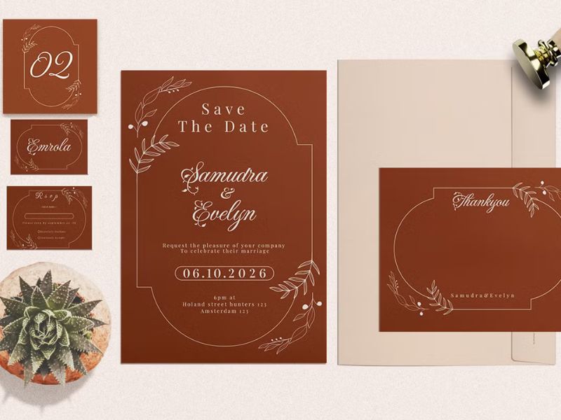 terracotta wedding invitations with floral botanical design