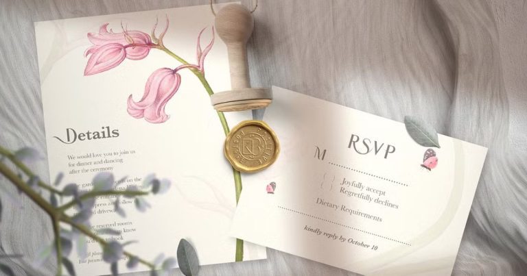 vintage floral wedding invitation suite with RSVP and details card