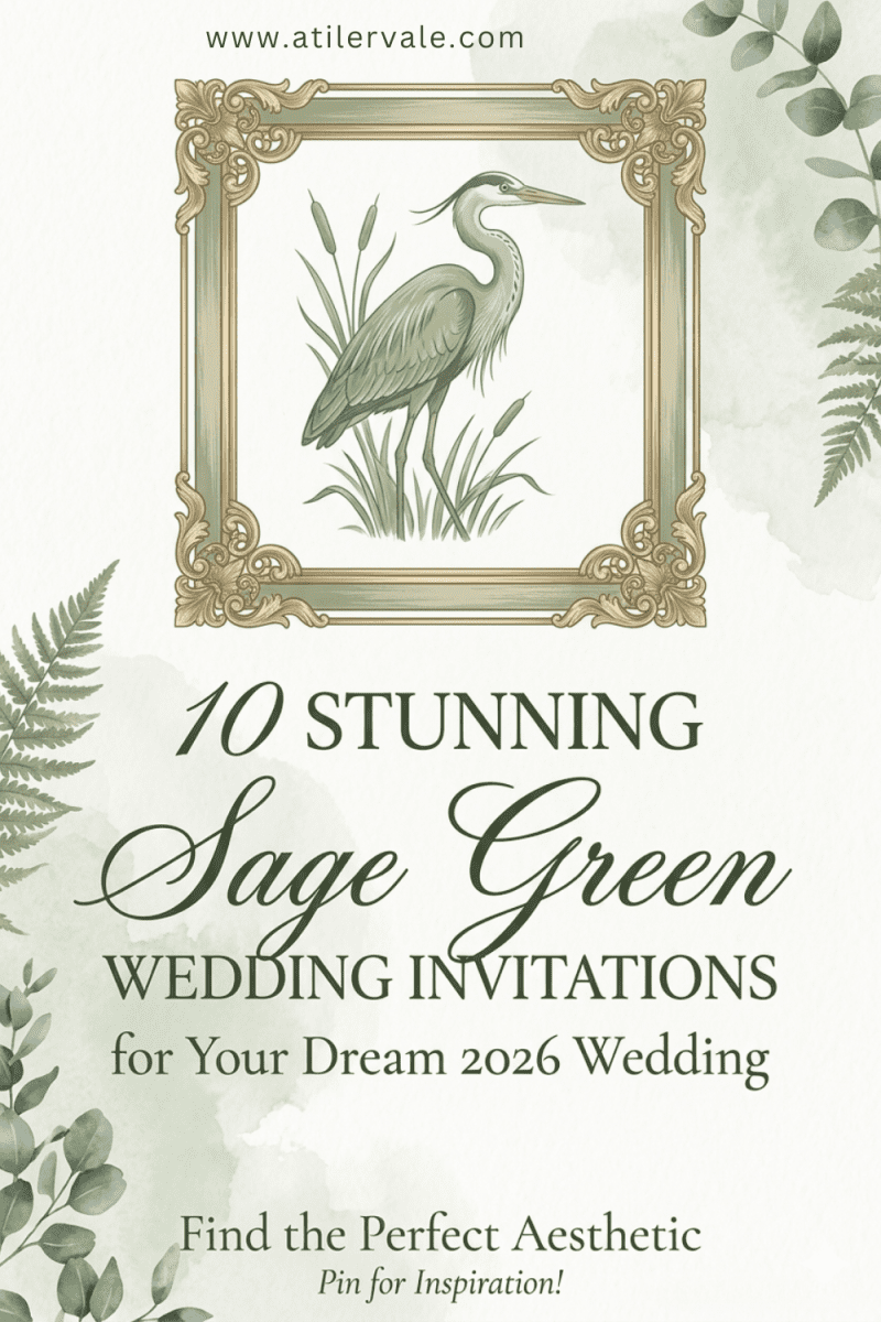 Aesthetic Sage Green wedding invitation with vintage illustration and French countryside style