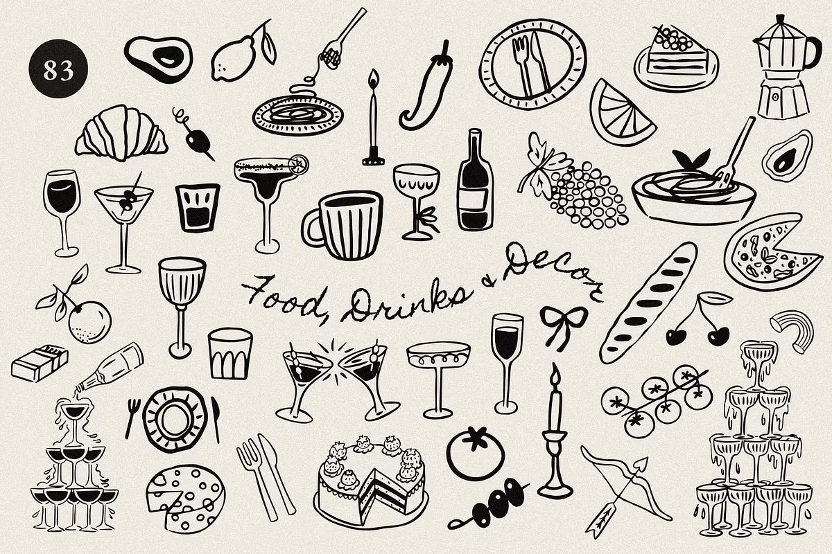 Detailed hand-drawn sketches of wedding reception tables and dinner settings for DIY menu