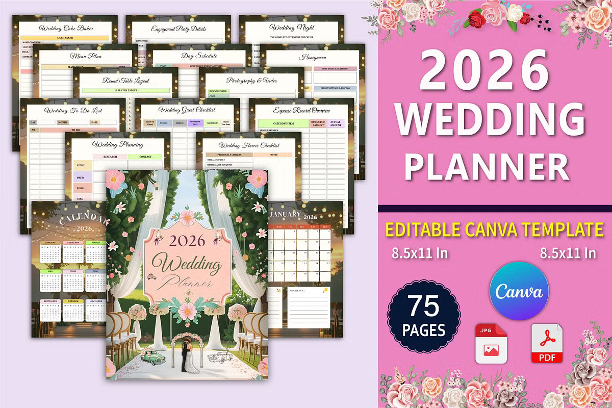 2026 Wedding Planner Bundle with 75 editable Canva pages. The set includes a comprehensive wedding to-do list, guest checklist, expense record, photography tracker, and monthly calendar. Designed with a floral garden theme for organized and stress-free wedding planning.