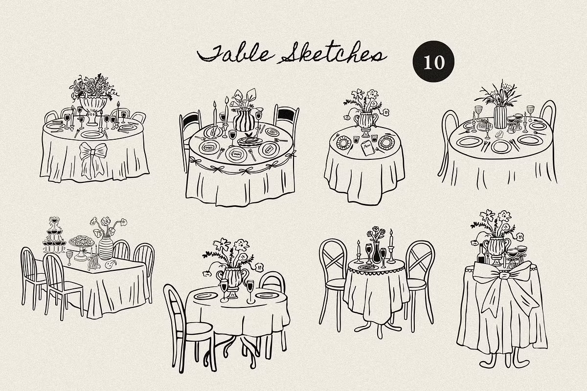 Detailed hand-drawn sketches of wedding reception tables and dinner settings for DIY menu and invitation design