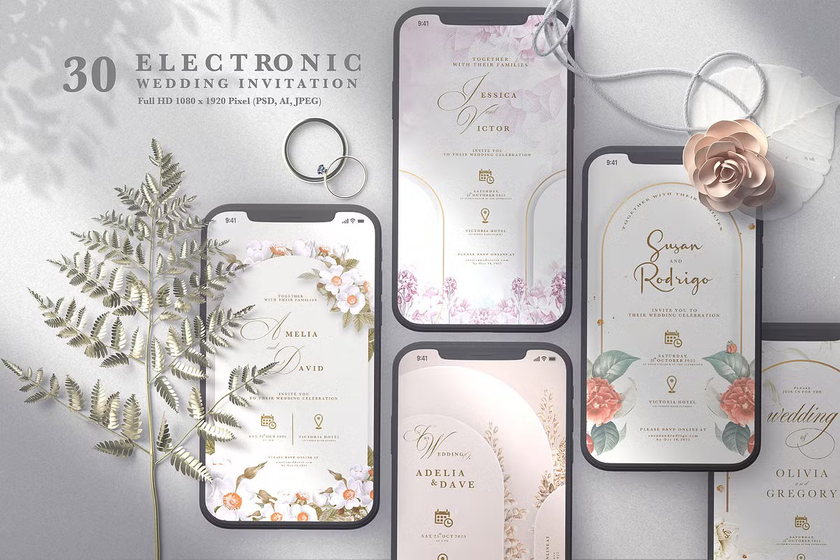 Collection of modern electronic wedding invitation templates for mobile devices