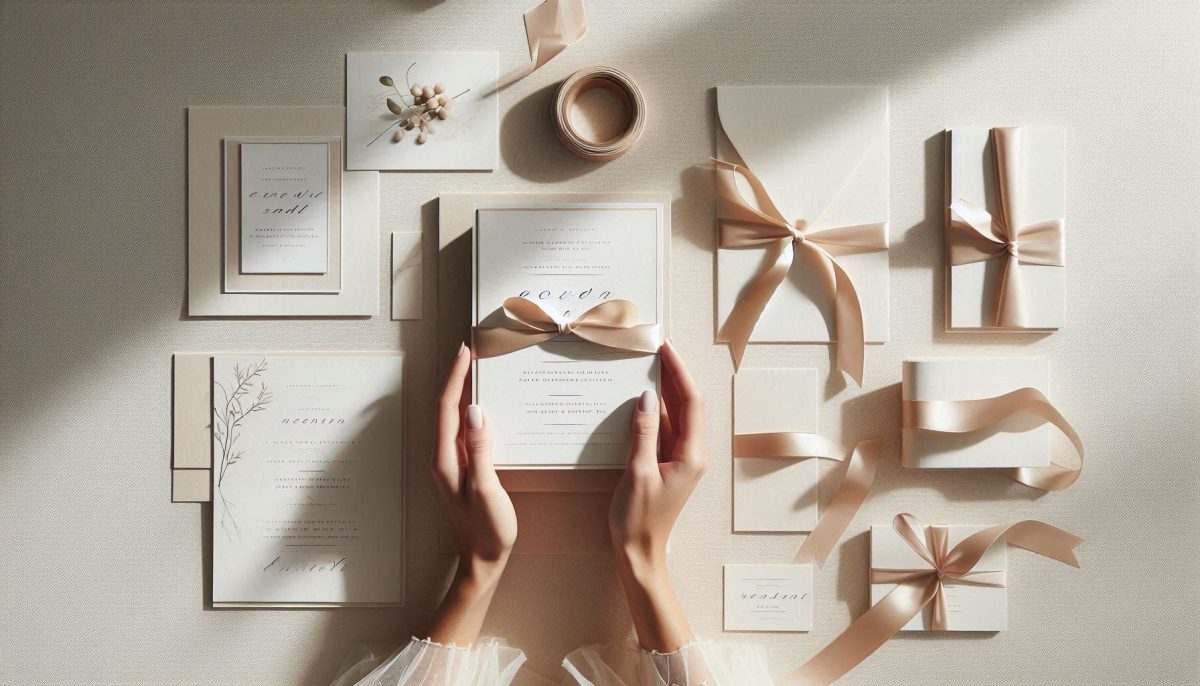 minimalist wedding invitation suite with elegant typography and neutral tones