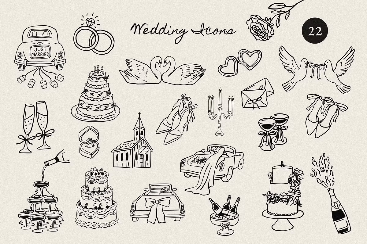 Hand-drawn wedding transport icons featuring a vintage "Just Married" car and romantic getaway vehicles for guest information cards