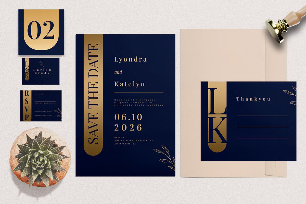 Premium minimalist wedding invitation envelope and stationery details.