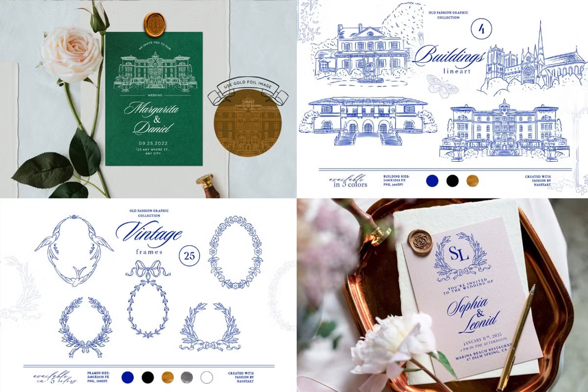 Elegant hand-drawn architectural sketch of a wedding manor house, perfect for estate-style invitations.