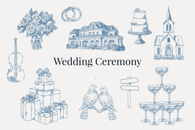 A cohesive collection of minimal line art wedding icons featuring timeline symbols, modern bar menu graphics, and bridal fashion illustrations for cohesive wedding branding.