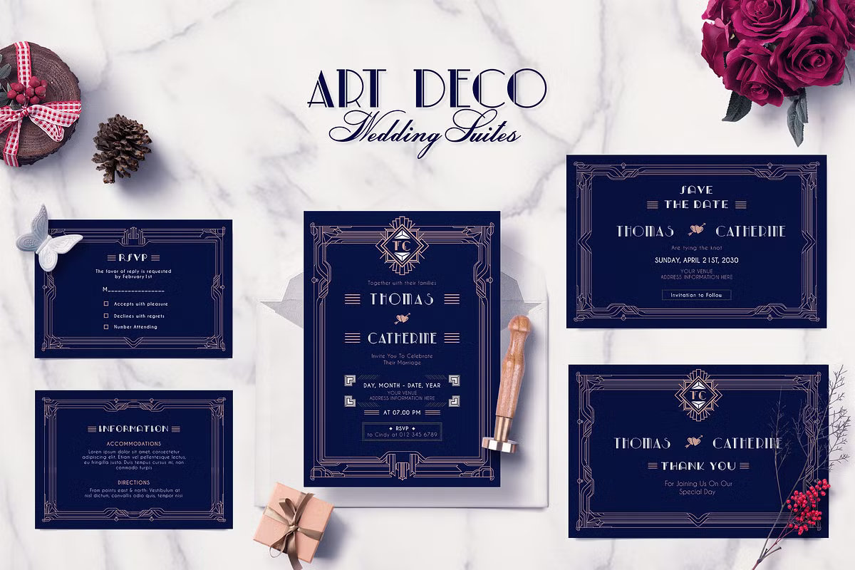 Art Deco wedding invitation suite in navy blue and gold by Totem Invitation House