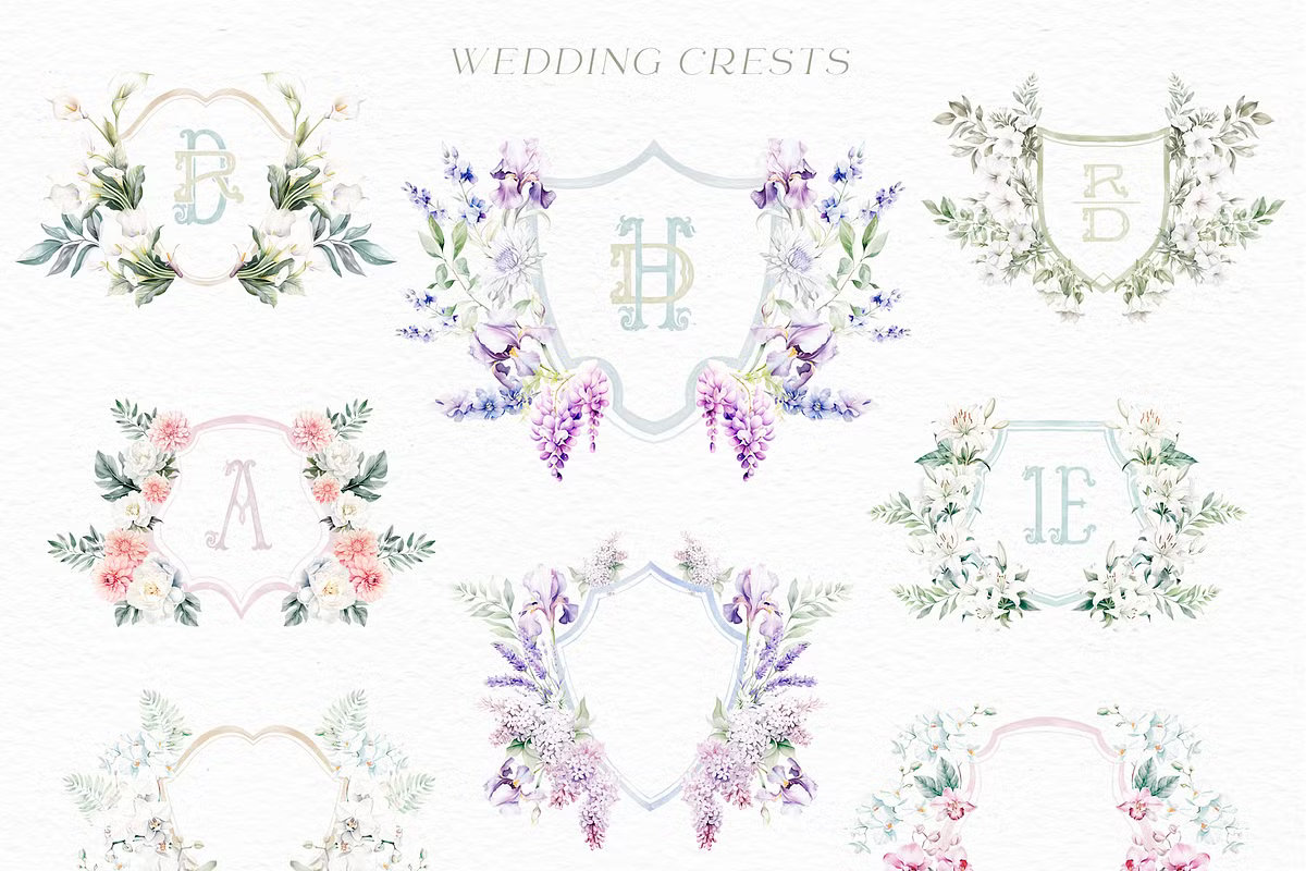 Elegant watercolor wedding crests and floral monograms featuring soft pastel flowers, butterflies, and classic initials for high-end wedding branding.