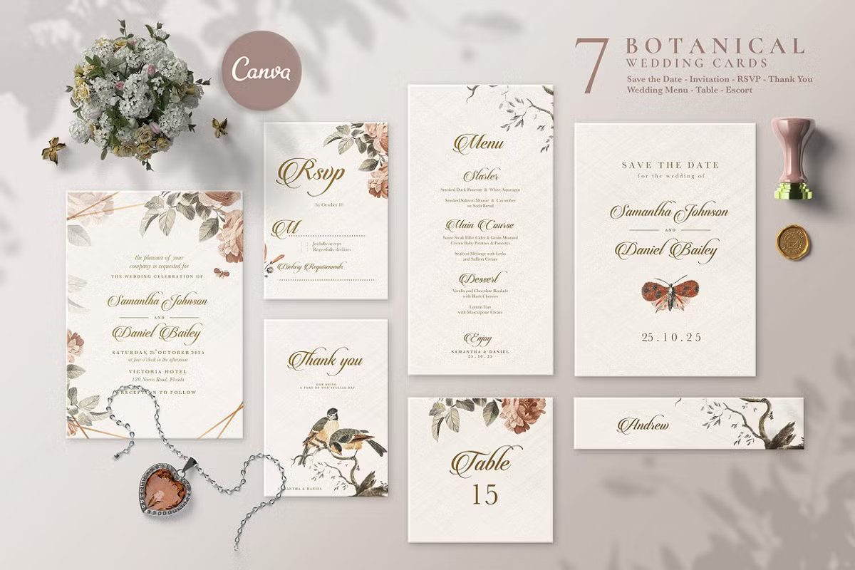 A complete 7-piece botanical wedding stationery collection featuring invitations, menus, and place cards with elegant floral illustrations on a soft purple background