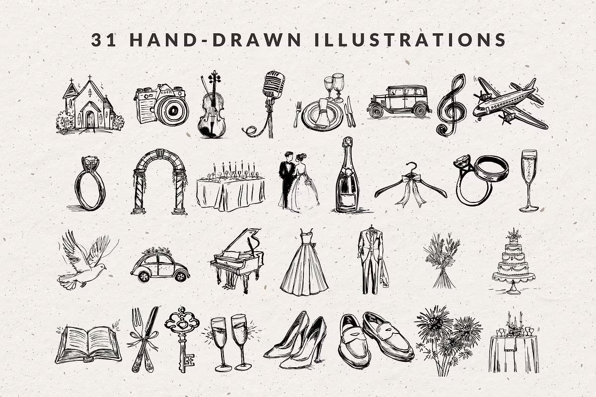 A comprehensive collection of 31 minimalist hand-drawn wedding icons, including vintage cars, wedding cakes, bridal fashion, and ceremony symbols in a timeless line art style