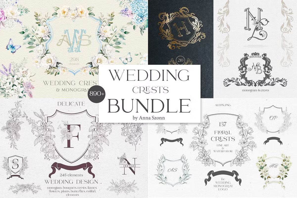 Intricate fine-line wedding crests and monograms with detailed floral frames and butterfly illustrations.