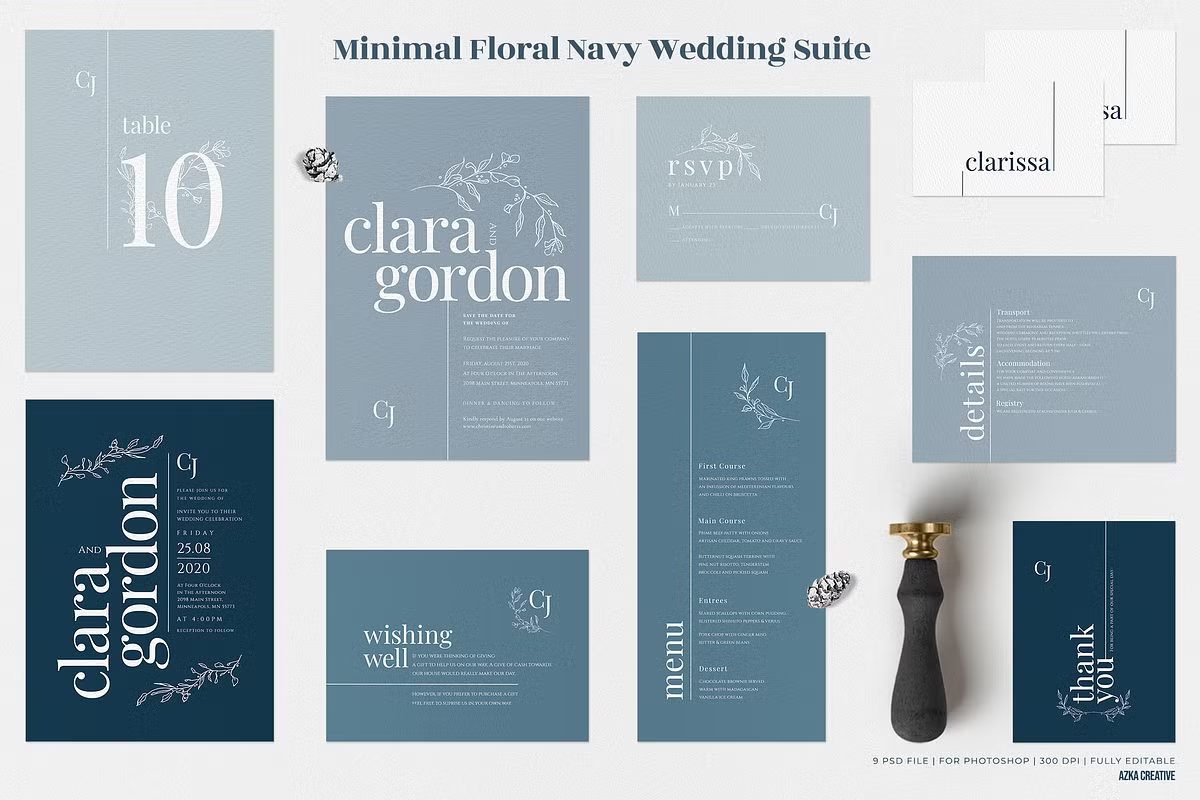 Classic Navy and White Modern Wedding Invitation Templates with Minimalist Floral Art