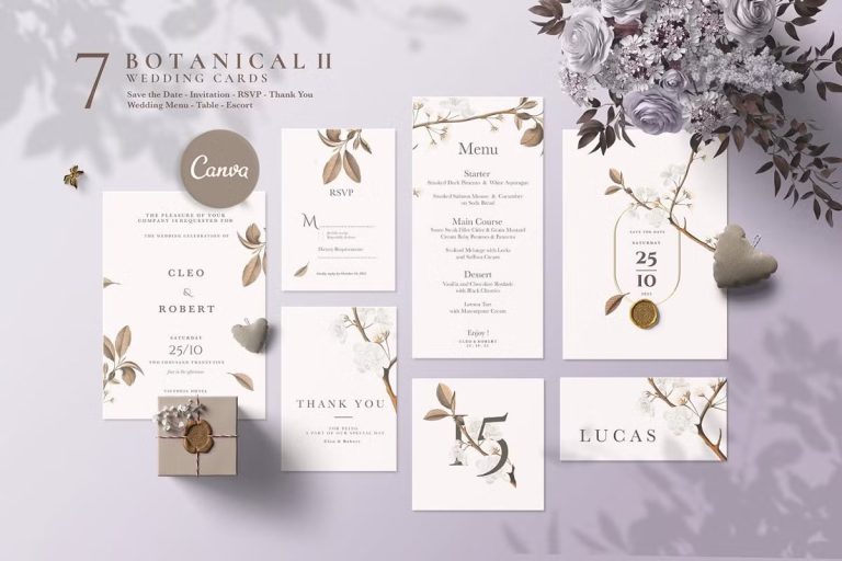Complete Botanical II suite showcasing professional Wedding Invitation Wording & Etiquette examples.