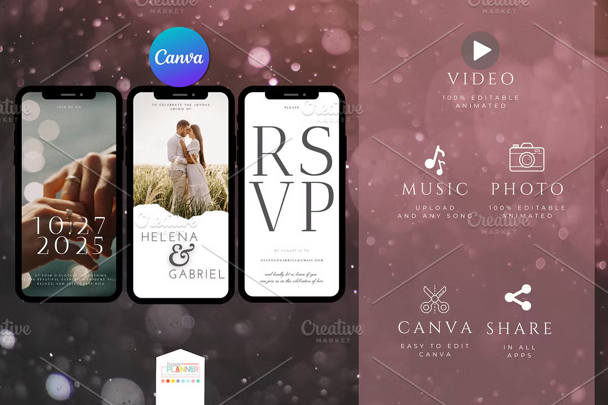 Mobile wedding invitation templates displayed on three smartphones. The designs feature animated photos, elegant typography, and a modern RSVP screen. The background shows a soft bokeh light effect, highlighting the "Edit in Canva" and "Share in all apps" features.