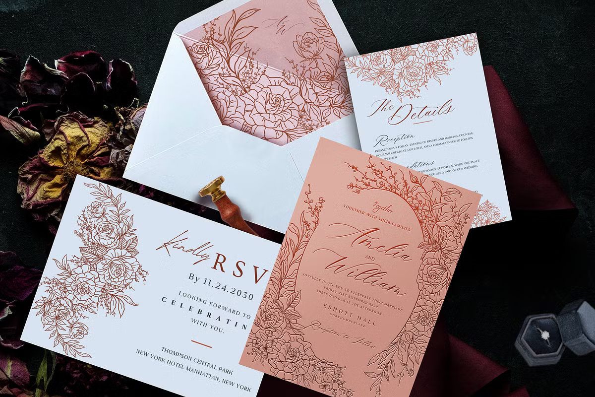 Modern Wedding Invitation Templates with Muted Dusty Rose Florals and Elegant Fonts