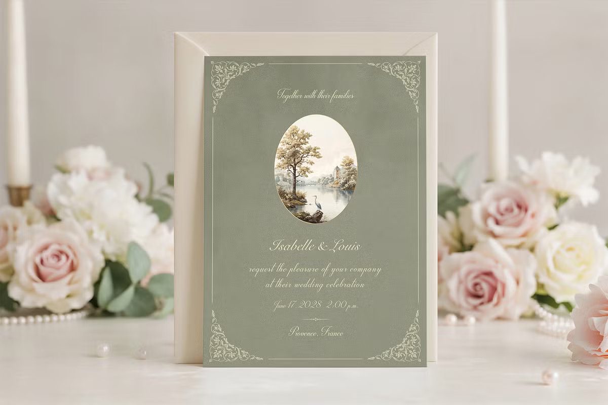 Dusty Sage Green Heron Wedding Invitation with French countryside aesthetic