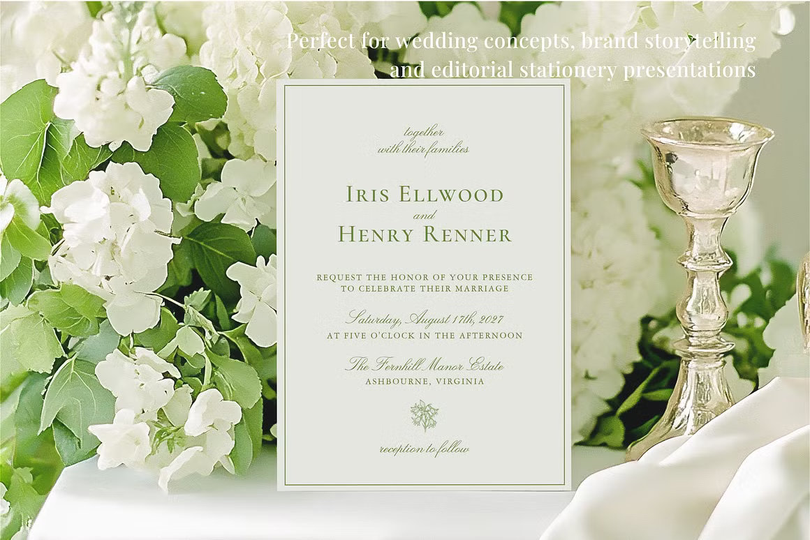 Editorial luxury wedding invitation with hydrangea flowers and minimalist serif typography