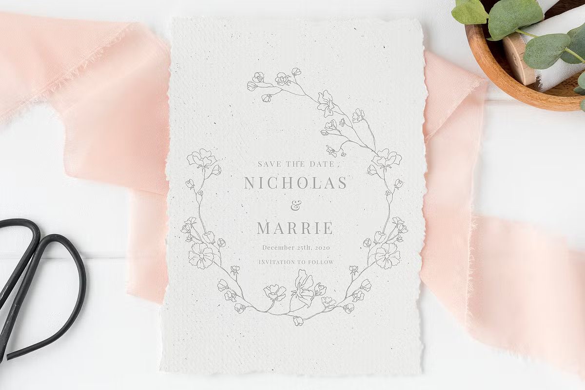 Elegant Fine Art Modern Wedding Invitation Templates with Floral Wreath and Deckle Edge Paper