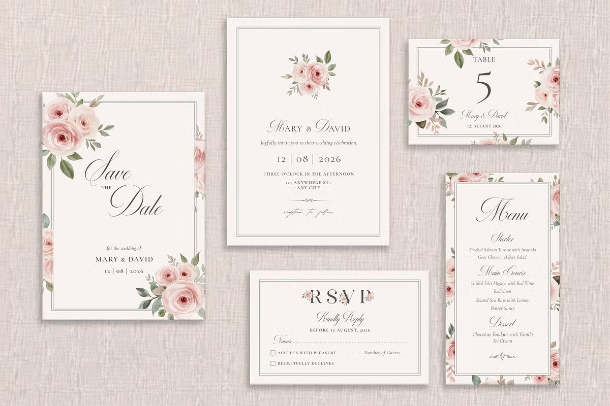 Elegant Roses wedding invitation template set with botanical floral illustrations