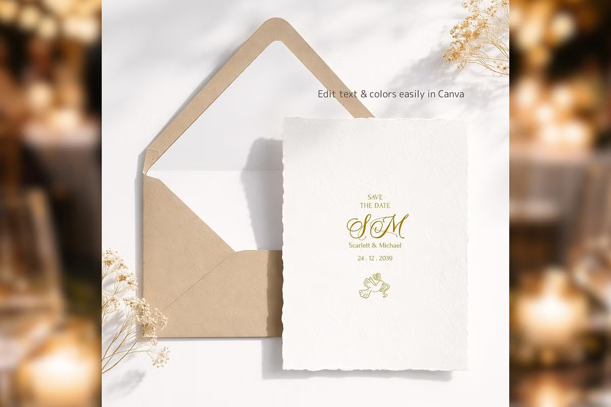 Elegant Save the Date card with a gold monogram and minimalist typography, featuring a torn edge paper effect and a classic kraft envelope. The scene is styled with dried flowers and soft shadows, perfect for a sophisticated wedding announcement.