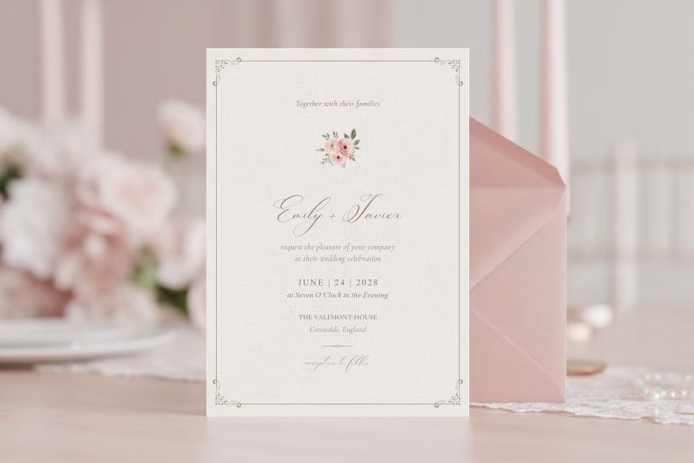 Elegant affordable wedding invitations under $200 with pink envelope