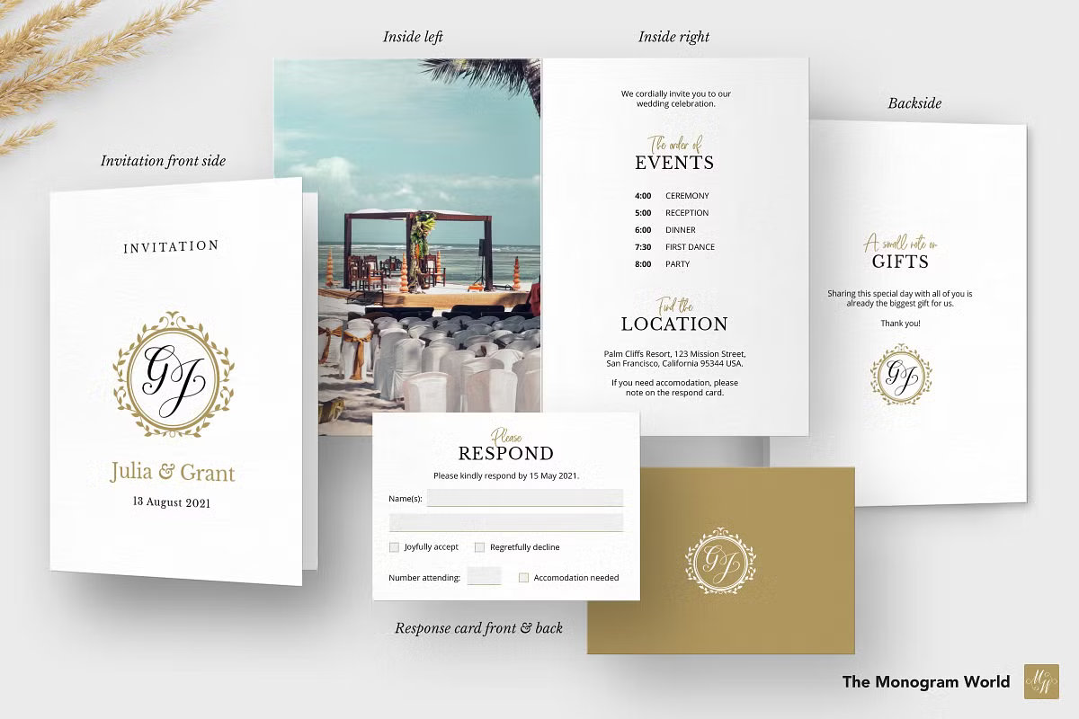 Elegant gold monogram wedding invitation suite with clean typography and luxury wax seal design