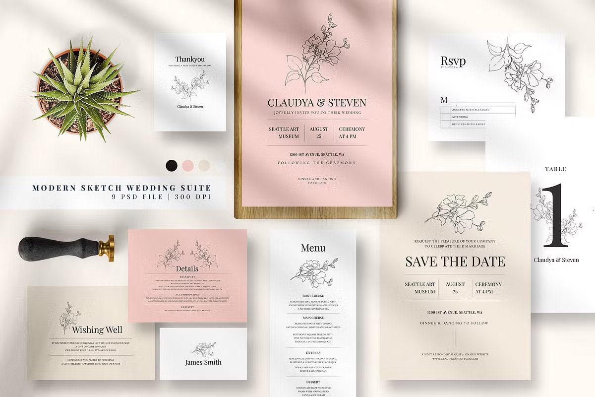 A detailed view of a minimalist Botanical II wedding invitation with gold wax seal, autumn leaves, and elegant typography, presented in a luxury wedding setting