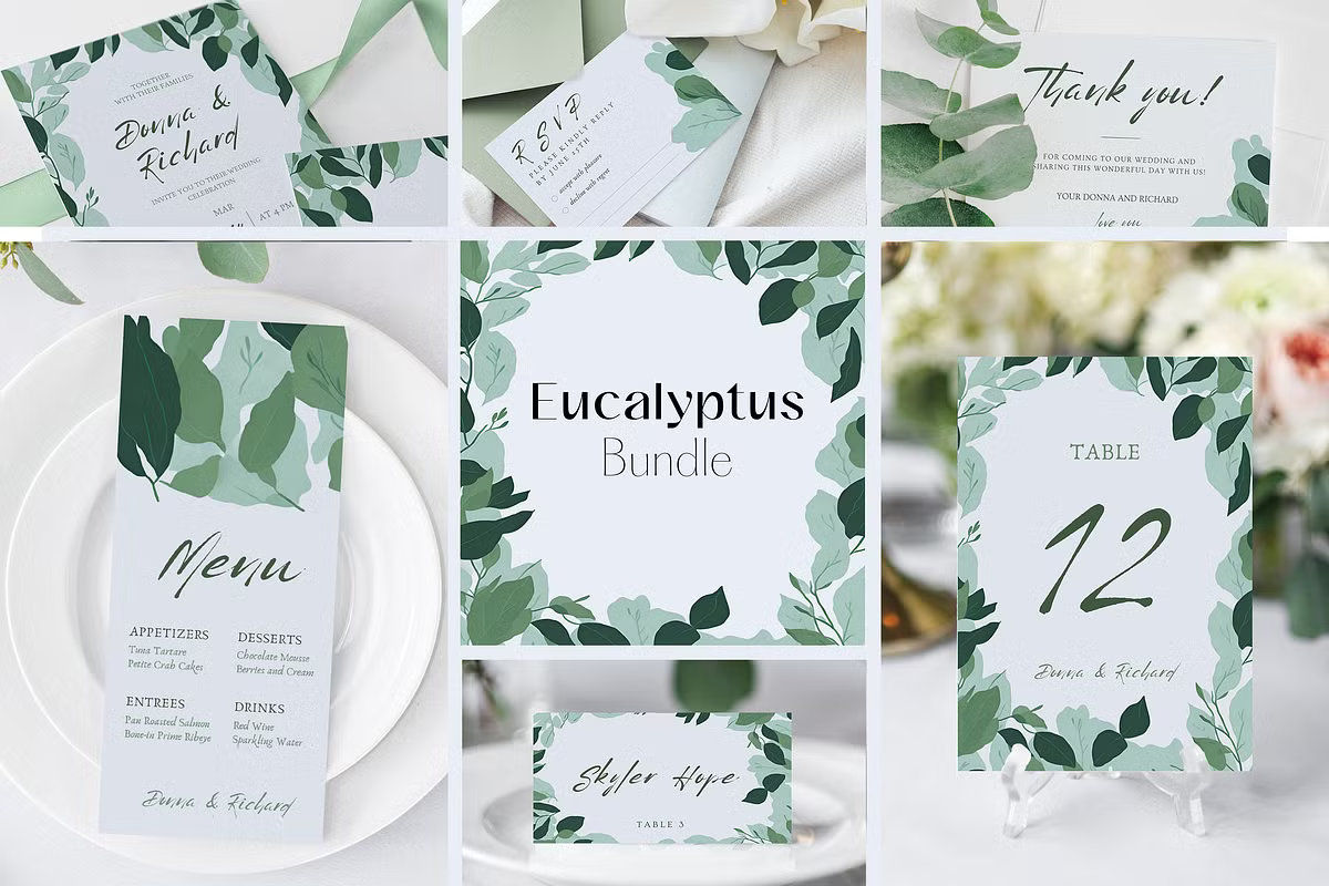 eucalyptus wedding invitation suite boho printable greenery wedding stationery minimalist natural design set