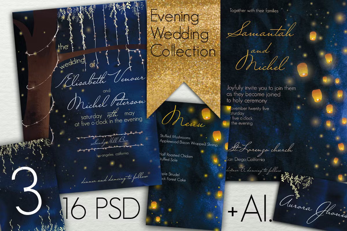 Evening wedding invitation collection with glowing lanterns, fairy lights, and dusty blue starry sky background.