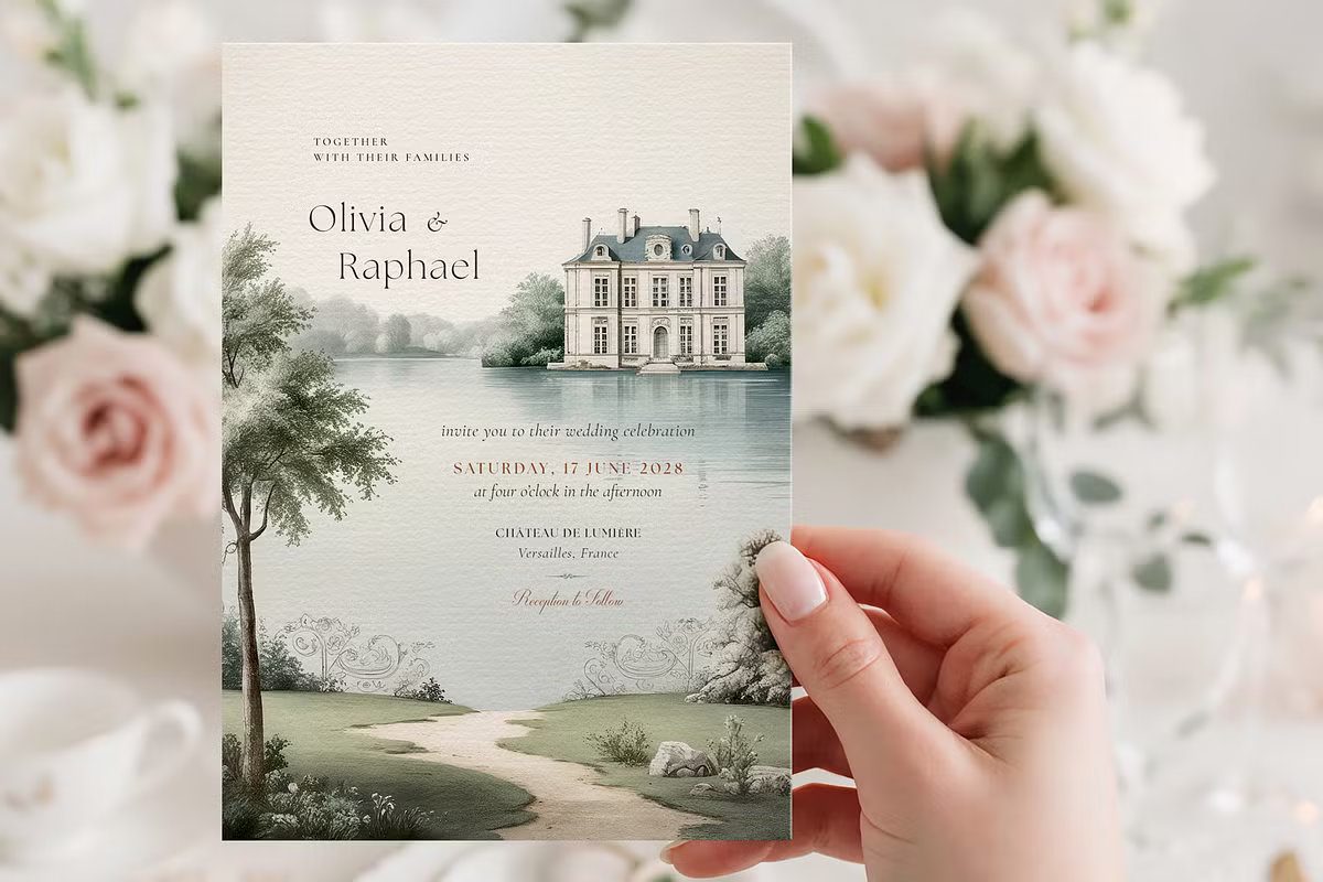 Romantic French Chateau Wedding Invitation with elegant estate illustration