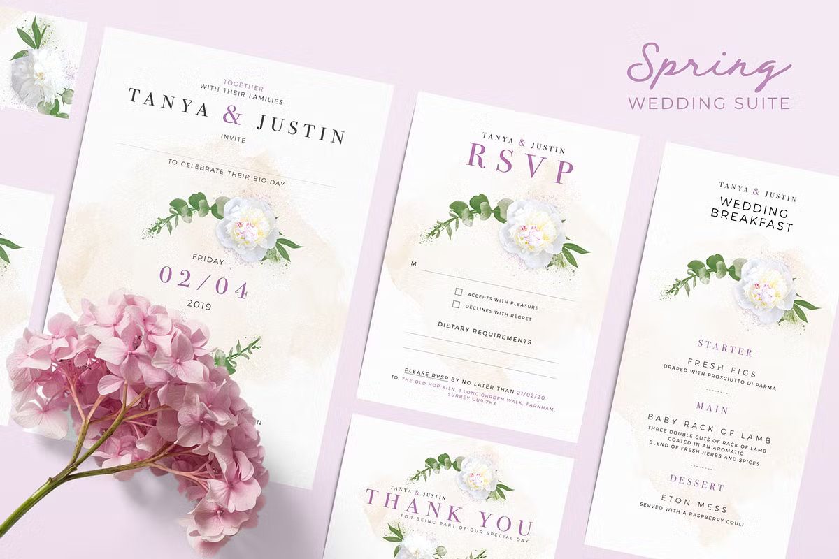 Spring Modern Wedding Invitation Templates with White Peonies and Eucalyptus Leaves