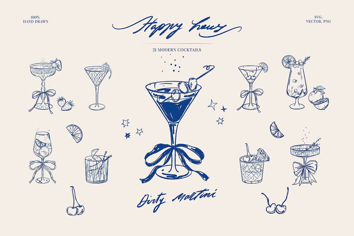 Hand-drawn blue line art illustrations of modern wedding cocktails including champagne, martini, and spritz with bow accents.