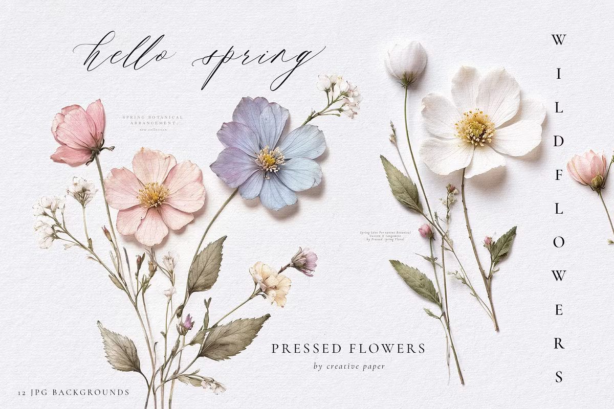 Hello Spring pressed flowers backgrounds for botanical wedding stationery
