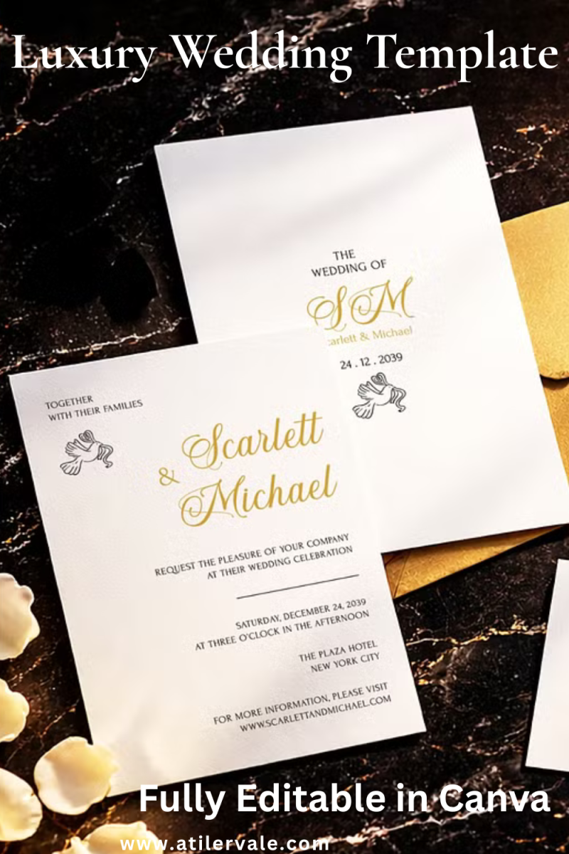 Luxury wedding invitation suite featuring a gold foil design on a black marble background with a gold wax seal and rose petals. High-end stationery template for a modern 2026 wedding.