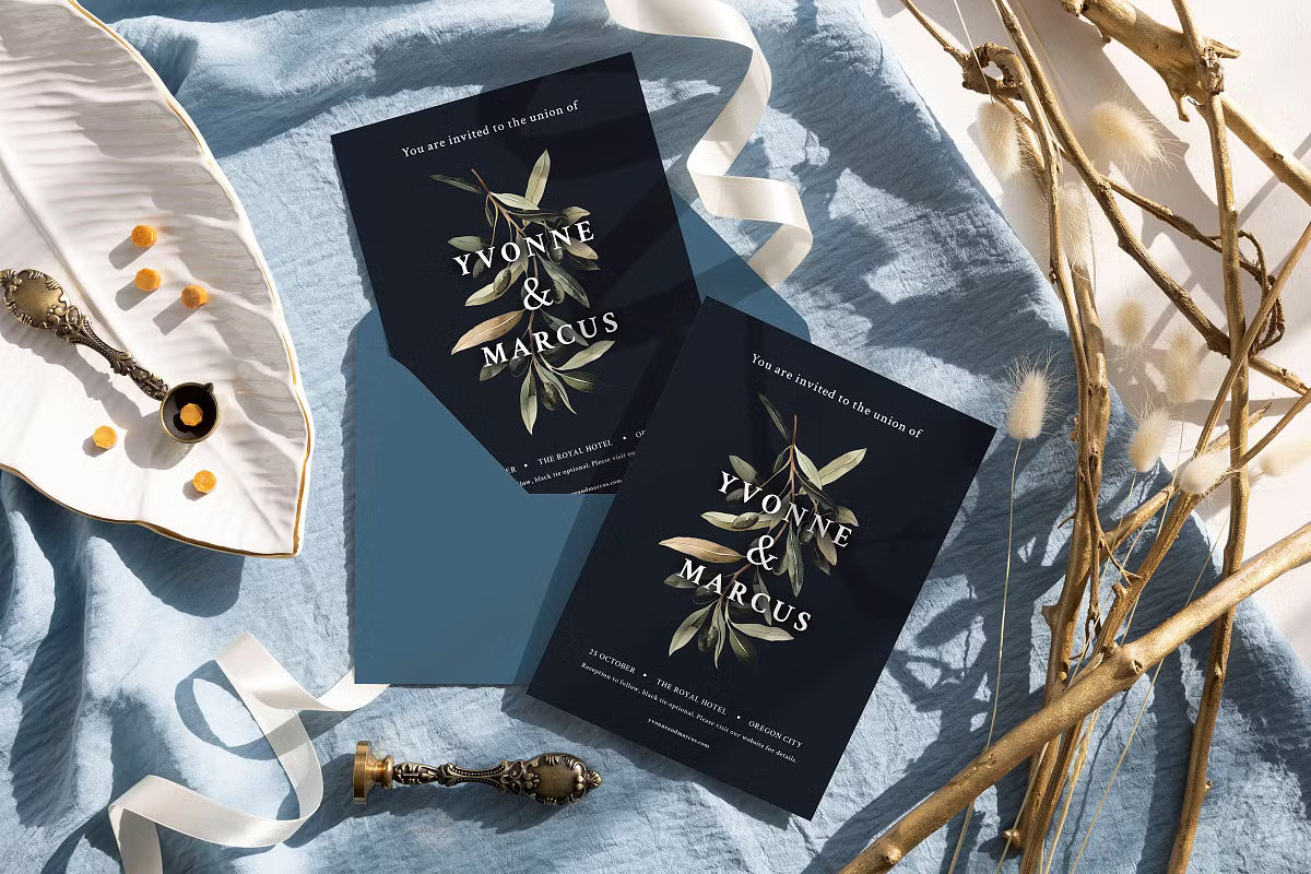 Luxury Malachite wedding invitation suite with emerald green cardstock, gold calligraphy, and a custom wax seal.