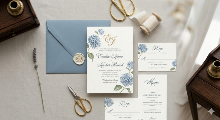 Luxury Victorian wedding invitations suite with gold monogram and blue hydrangea on an aesthetic background