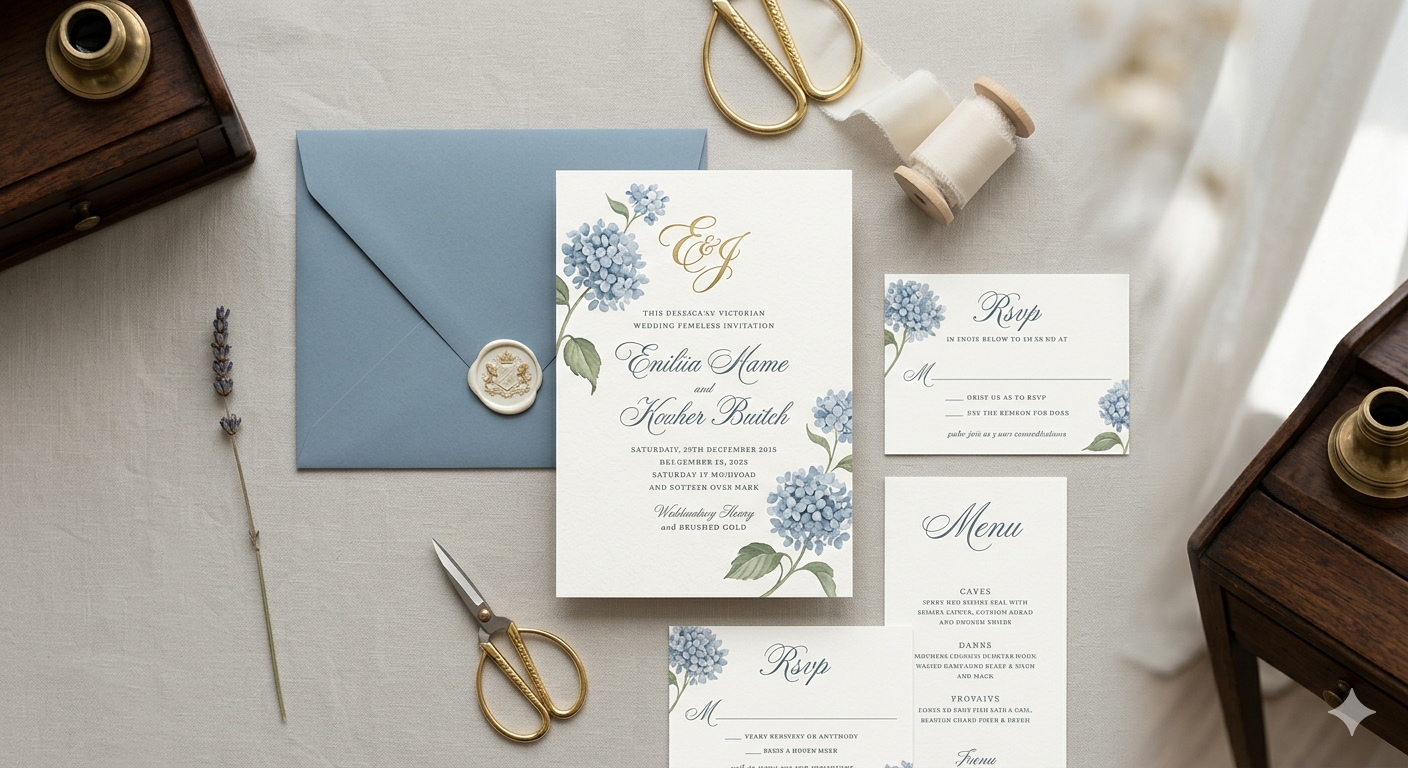 Luxury Victorian wedding invitations suite with gold monogram and blue hydrangea on an aesthetic background