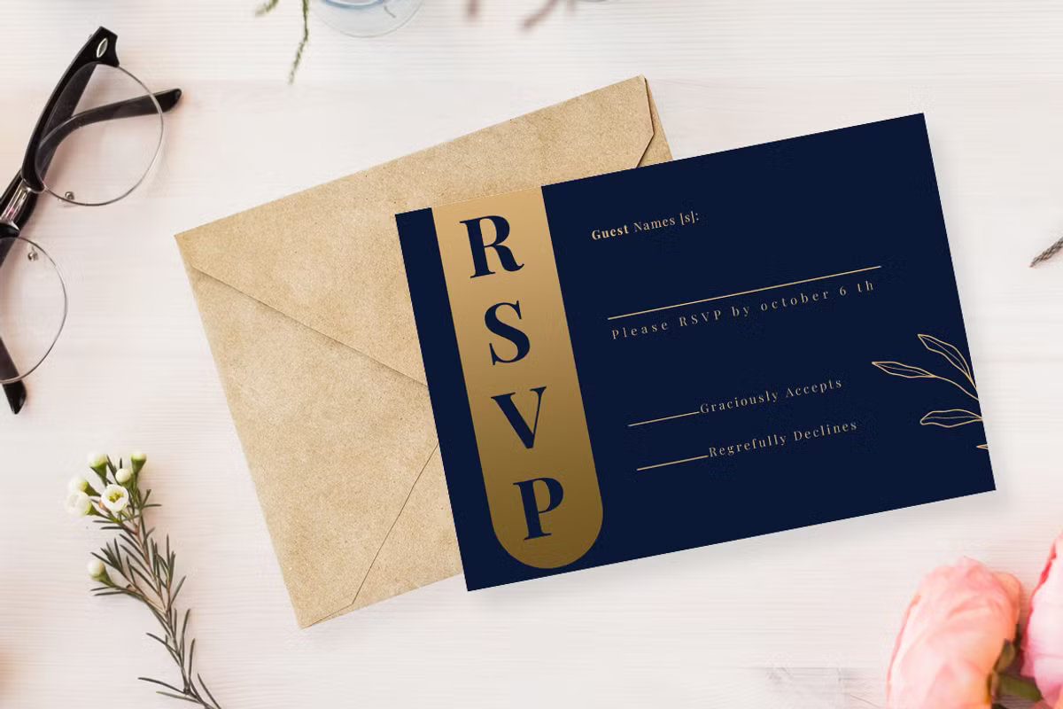 Minimalist wedding RSVP card template with elegant floral branch and clean typography