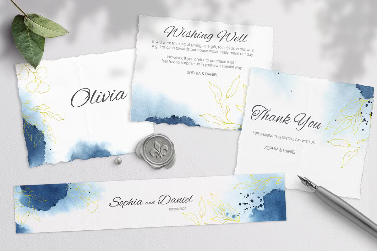 Luxury indigo watercolor wedding invitation with gold leaf botanical illustrations
