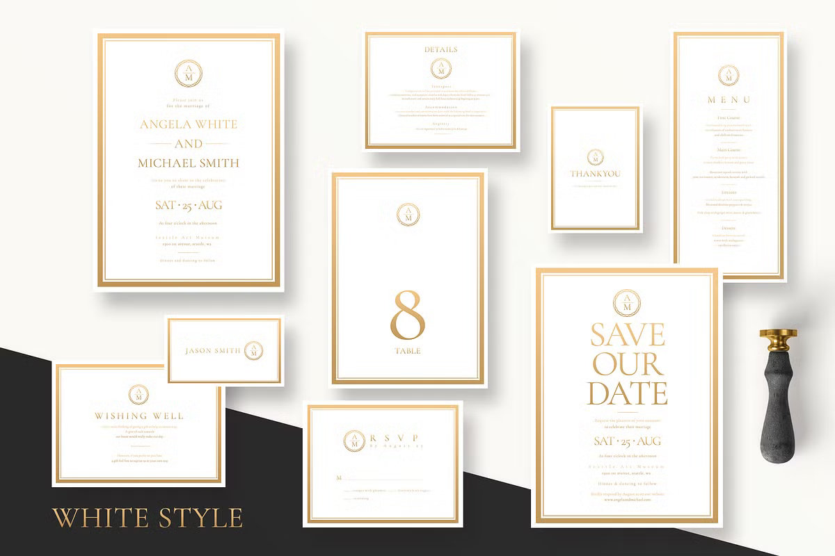 Luxury minimalist white and gold wedding invitation suite with elegant calligraphy fonts.