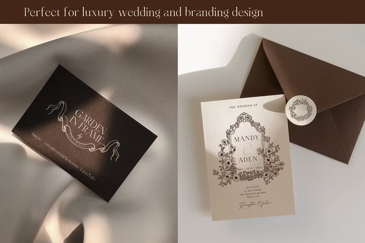 Luxury wedding envelope in chocolate brown with a custom floral wax seal and elegant stationery insert.