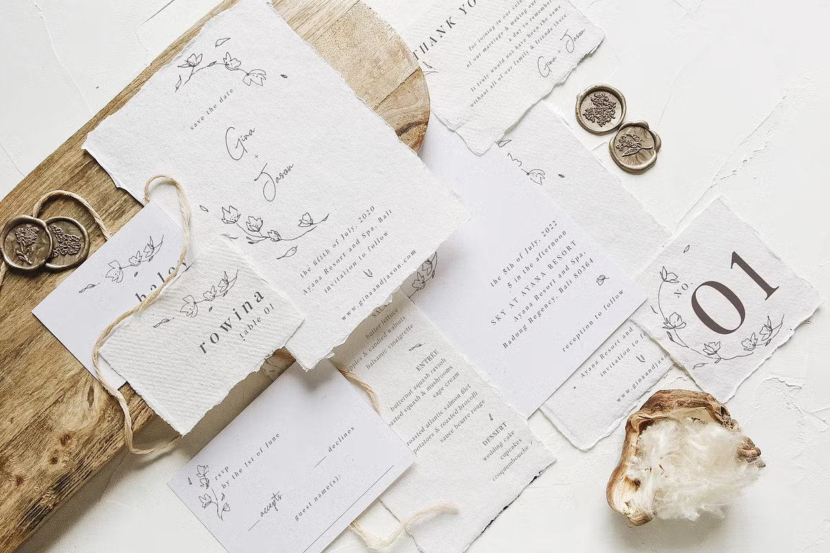 Minimalist floral wedding invitation suite with handmade deckled edge paper, elegant calligraphy, and wax seals.