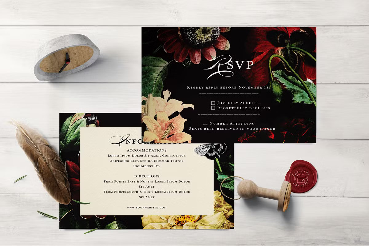 Minimalist wedding RSVP card template with elegant serif typography and response lines