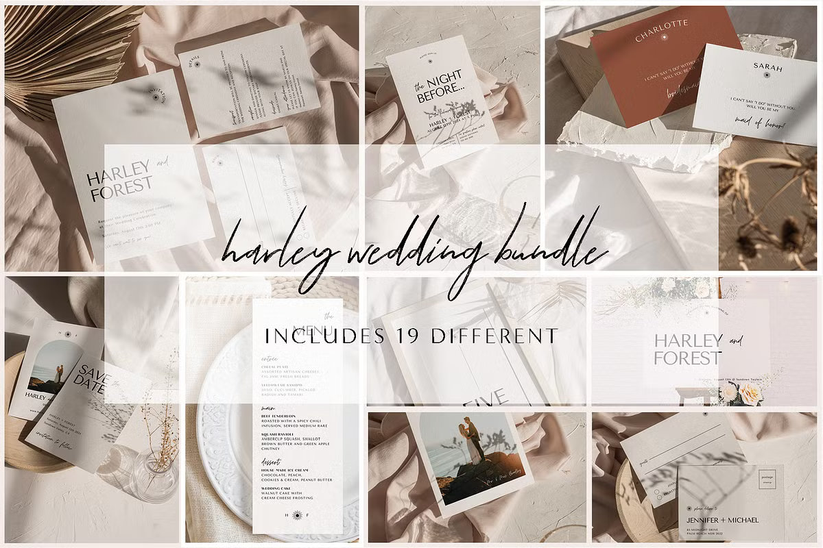 modern boho wedding invitation bundle editable Canva template suite earthy aesthetic wedding stationery set