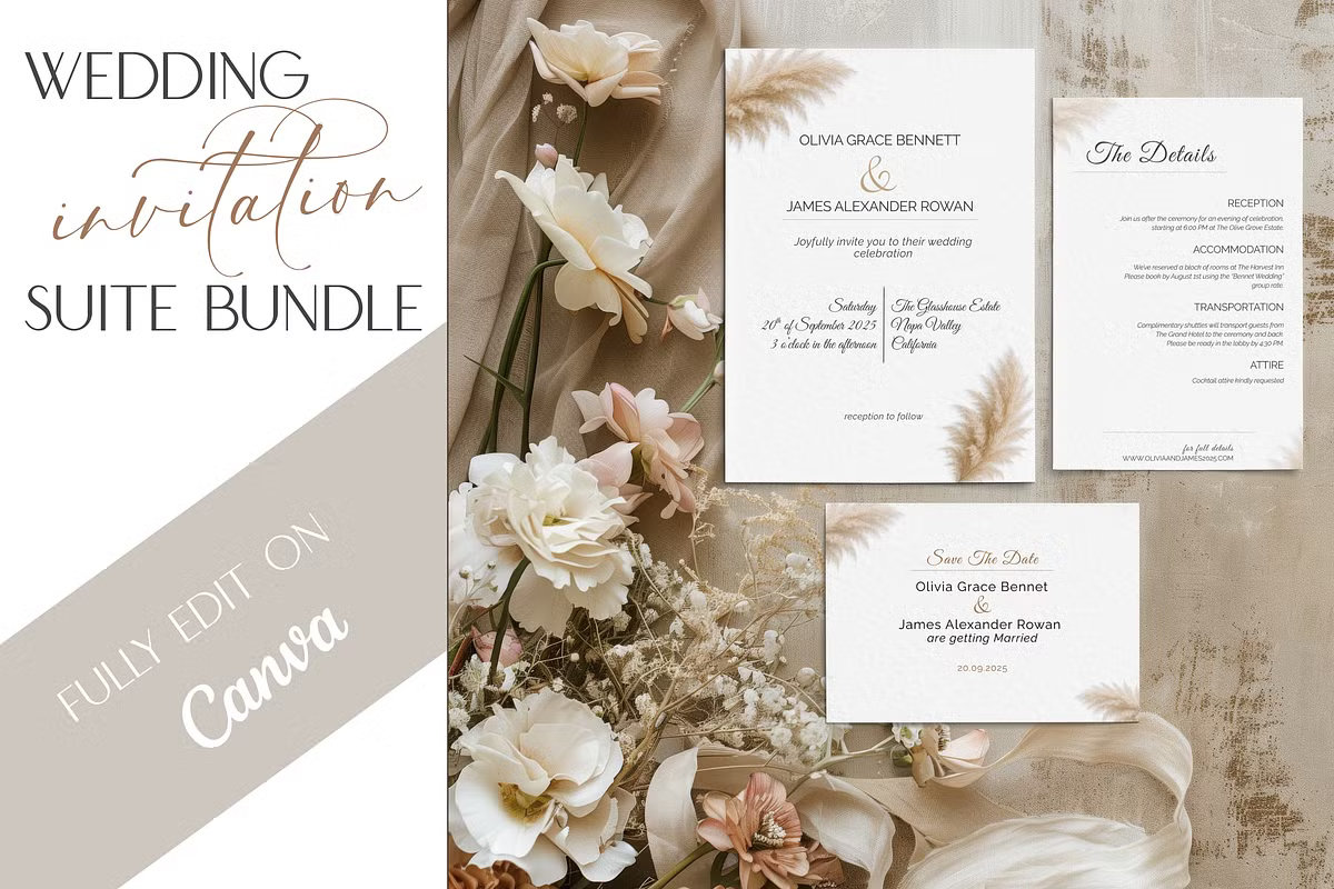 modern pampas grass wedding invitation bundle neutral boho Canva editable wedding stationery set